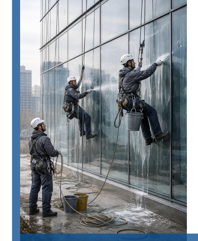 Промышленная мойка панорамных окон на высоте в Ростове-на-Доне