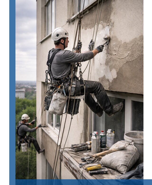 Косметический ремонт фасада зданий в Ростове-на-Доне промышленными альпинистами