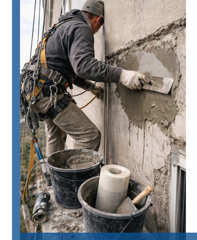 Ремонт бетонных элементов фасада промышленными альпинистами в Ростове-на-Доне