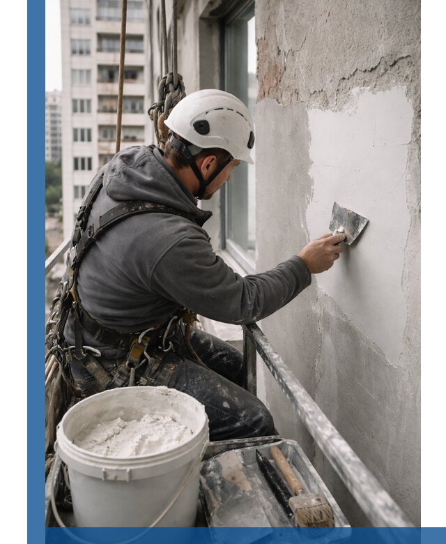 Шпаклевка фасадов на высоте с промальпинистами в Ростове-на-Доне