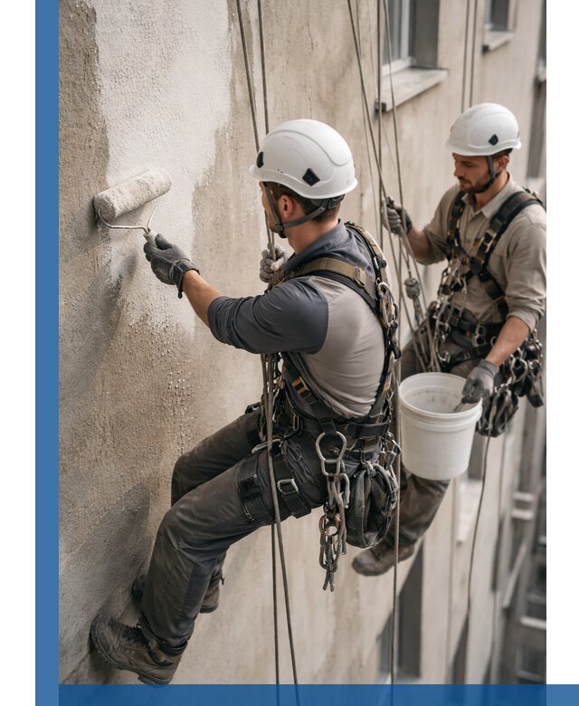 Грунтовка фасада на высоте в Ростове-на-Доне промышленными альпинистами