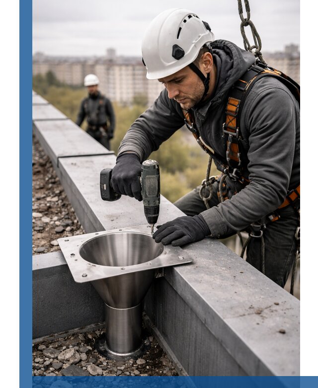 Монтаж водосточных воронок в Ростове-на-Доне для промышленных зданий