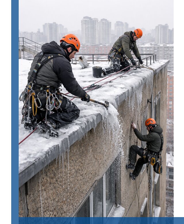 Удаление наледи с кровли в Ростове-на-Доне промышленными альпинистами