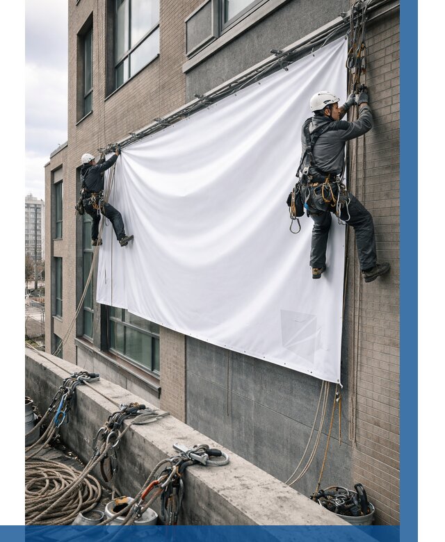 Монтаж баннеров на фасаде в Ростове-на-Доне от 678 р. заказать ВЫСОТНИК-Рст