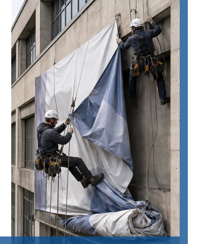 Демонтаж баннеров с фасада в Ростове-на-Доне от 4693 р. | ВЫСОТНИК-Рст