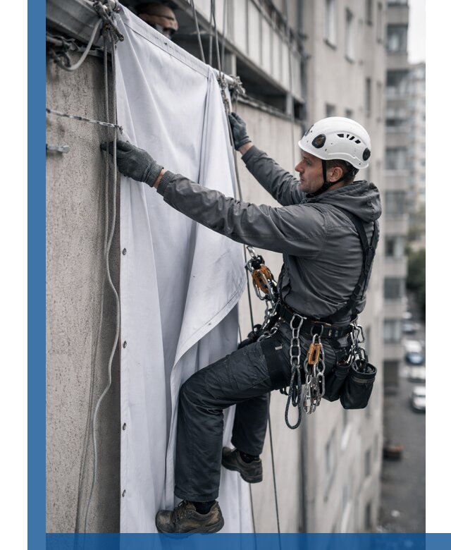 Замена баннерного полотна промышленными альпинистами в Ростове-на-Доне