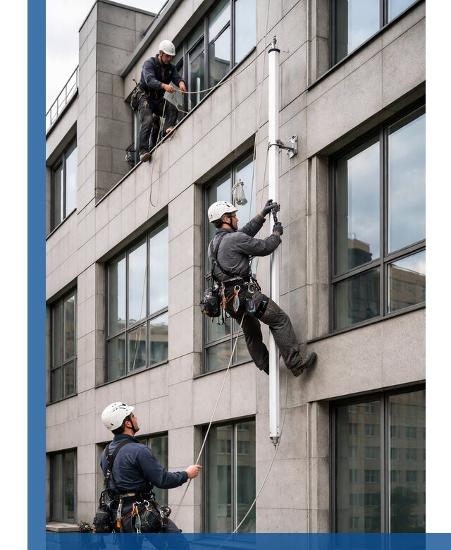 Монтаж флагштока на фасаде здания с креплением и герметикой в Ростове-на-Доне