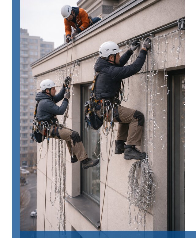 Монтаж праздничных гирлянд на фасаде в Ростове-на-Доне для зданий