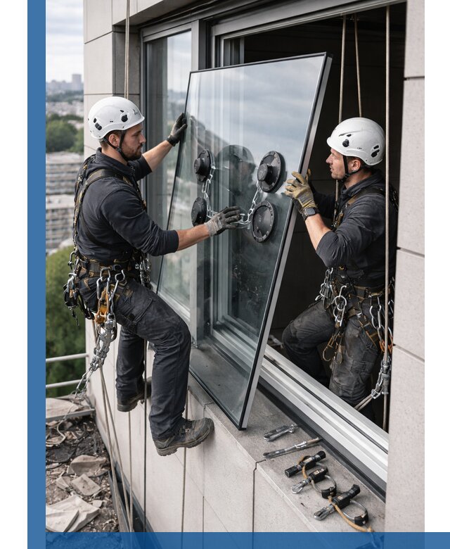 Замена стеклопакетов на высоте с промышленными альпинистами в Ростове-на-Доне