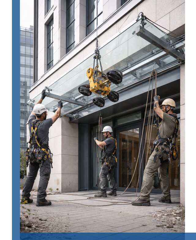 Монтаж стеклянных козырьков под ключ в Ростове-на-Доне для зданий