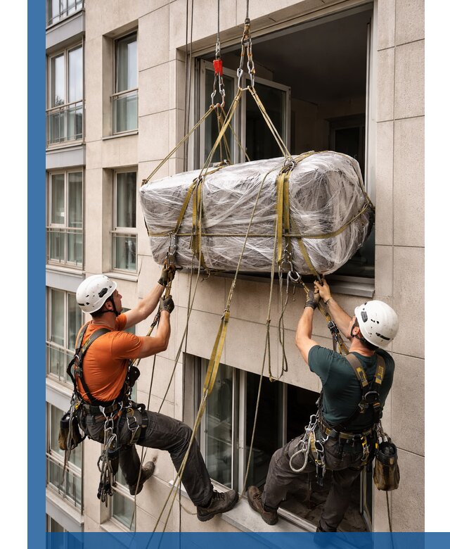 Подъем грузов через окно в Ростове-на-Доне промышленными альпинистами