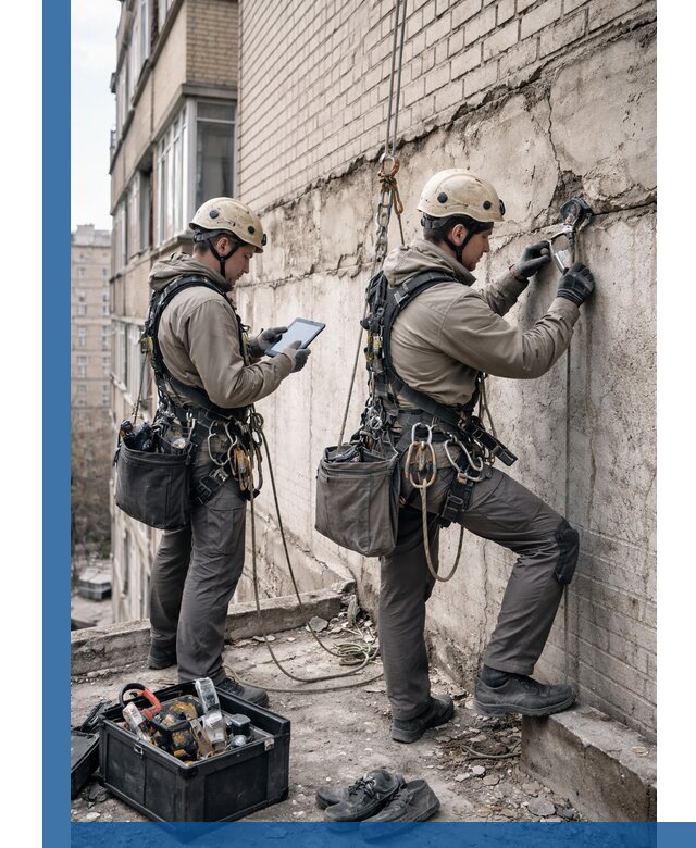 Обследование фасада промышленными альпинистами в Ростове-на-Доне